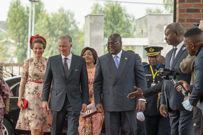Belgium's Queen Mathilde, Belgium's King Philippe, First Lady of DRC Denise Nyakeru Tshisekedi and President Felix Tshisekedi arrive at the National Museum of the Democratic Republic of the Congo in Kinshasa