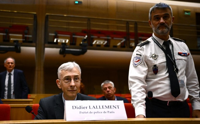 Paris police prefect Didier Lallement (L) attends a senate hearing on the incidents which occurred at the Stade de France during the Champions League final