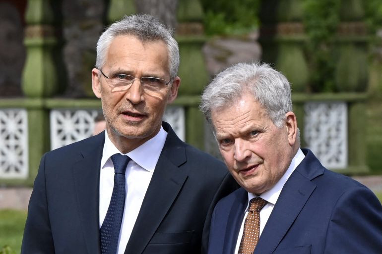 NATO Secretary-General Jens Stoltenberg, left, and Finnish President Sauli Niinisto, right, are pictured during talks on June 12, 2022 [Markku Ulander/Lehtikuva/ AFP]
