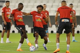 Peru's players take part in a training session at the Jassim bin Hamad stadium in the Qatari capital Doha on June 12, 2022