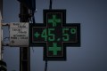 A temperature display at a French pharmacy shows 45.5 degrees Celsius in Toulouse, southwestern France