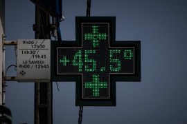 A temperature display at a French pharmacy shows 45.5 degrees Celsius in Toulouse, southwestern France on June 16 [File: Lionel Bonaventure/AFP]