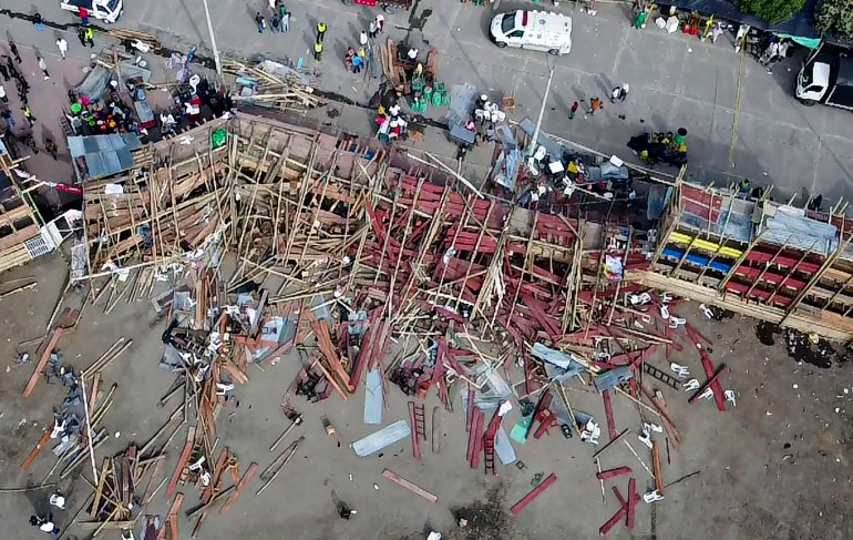 Aerial view of the collapsed grandstand in a bullring in the Colombian municipality of El Espinal.