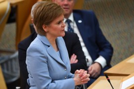 Sturgeon answers questions after giving a statement on independence referendum in the Scottish Parliament [Andy Buchanan/AFP]