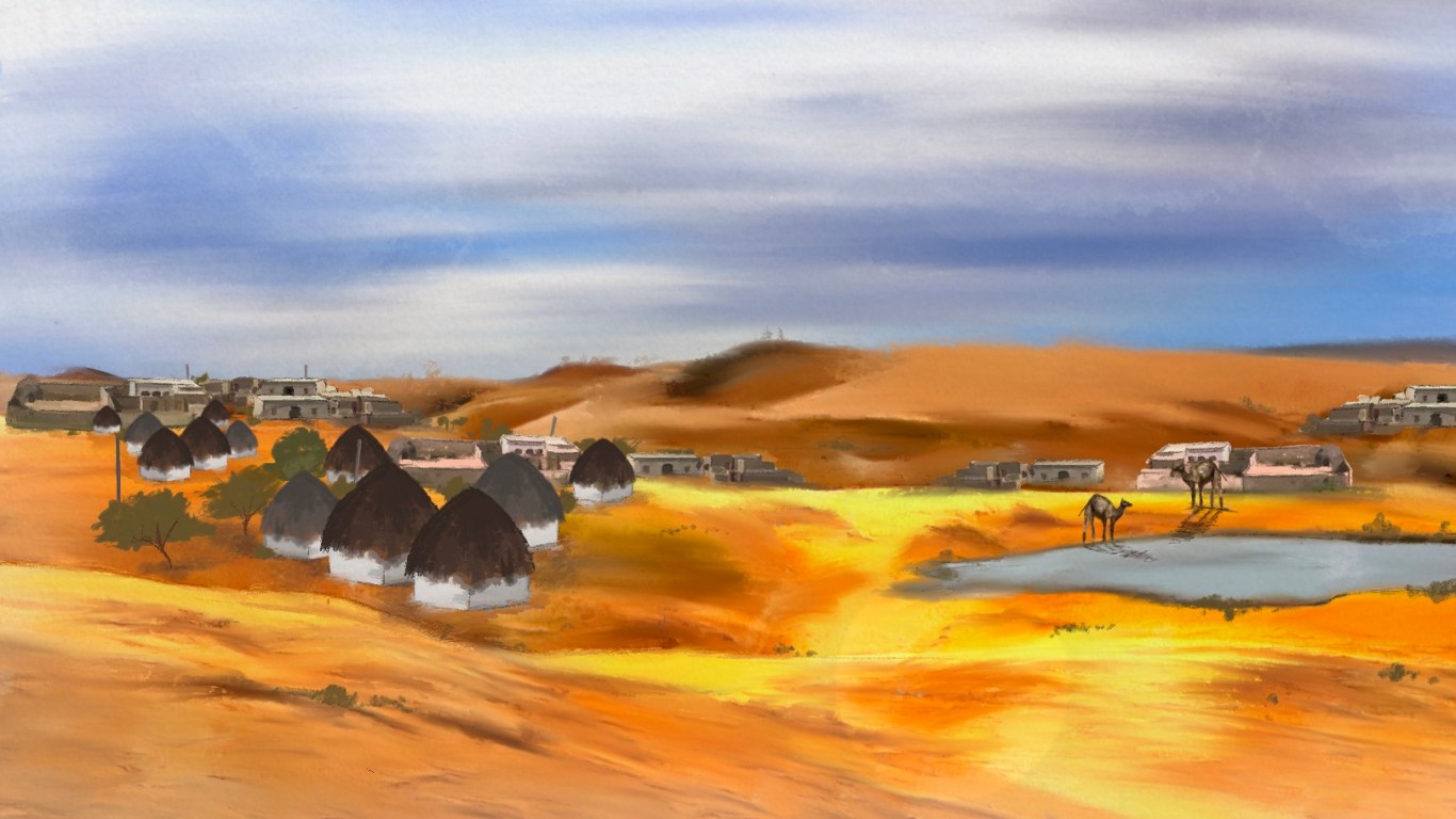 An illustration of huts and houses and camels in the distance in the dessert.