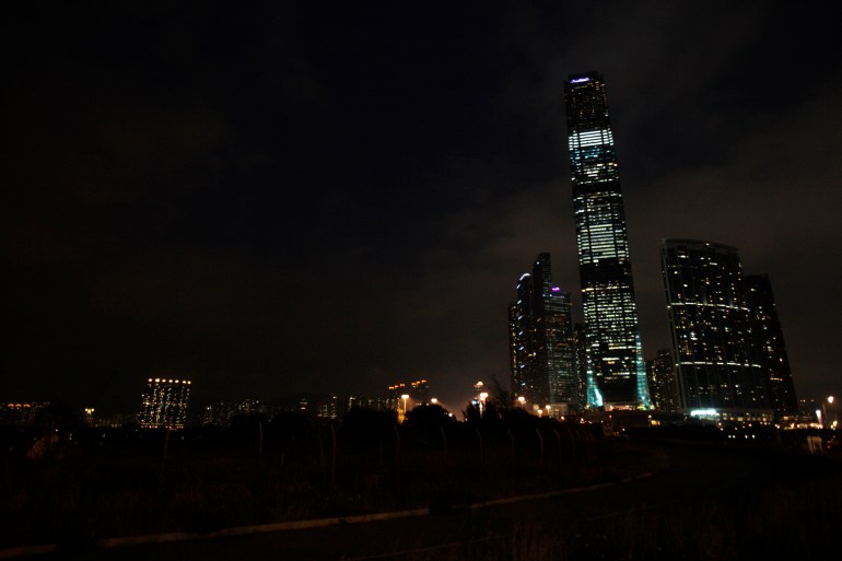 The International Commerce Center Tower at night in Hong Kong.