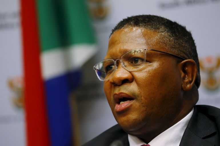 South African transport minister Fikile Mbalula addresses a media conference in Cape Town, March 17, 2016 during his time as sports minister