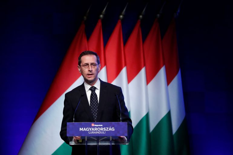 Hungarian Finance Minister Mihaly Varga speaks during a business conference in Budapest