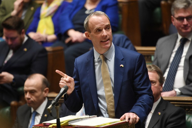 British Deputy Prime Minister and Justice Secretary Dominic Raab speaks during a Prime Minister's Questions session at the House of Commons, in London