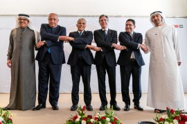 Bahrain's Foreign Minister Abdullatif bin Rashid al-Zayani, Egypt's Foreign Minister Sameh Shoukry, Israel's Foreign Minister Yair Lapid, U.S. Secretary of State Antony Blinken, Morocco's Foreign Minister Nasser Bourita and United Arab Emirates' Foreign Minister Sheikh Abdullah bin Zayed Al Nahyan pose for a photograph during the Negev Summit in Sde Boker, Israel March 28, 2022.