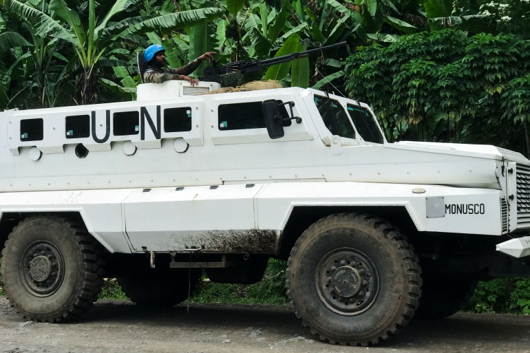 United Nations peacekeepers patrol areas recently attacked by M23 rebels fighters near Rangira in North Kivu in the Democratic Republic of Congo in March, 2022 [Djaffar Sabiti/Reuters]