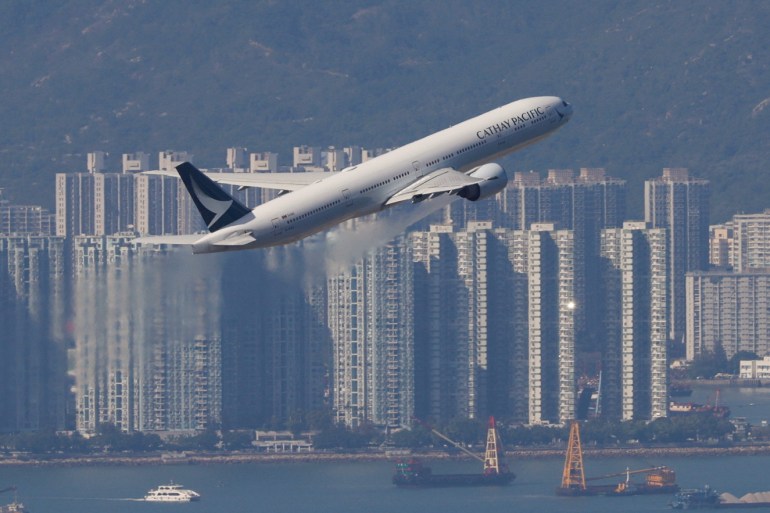 A Cathay Pacific aircraft takes off from Hong Kong International airport.