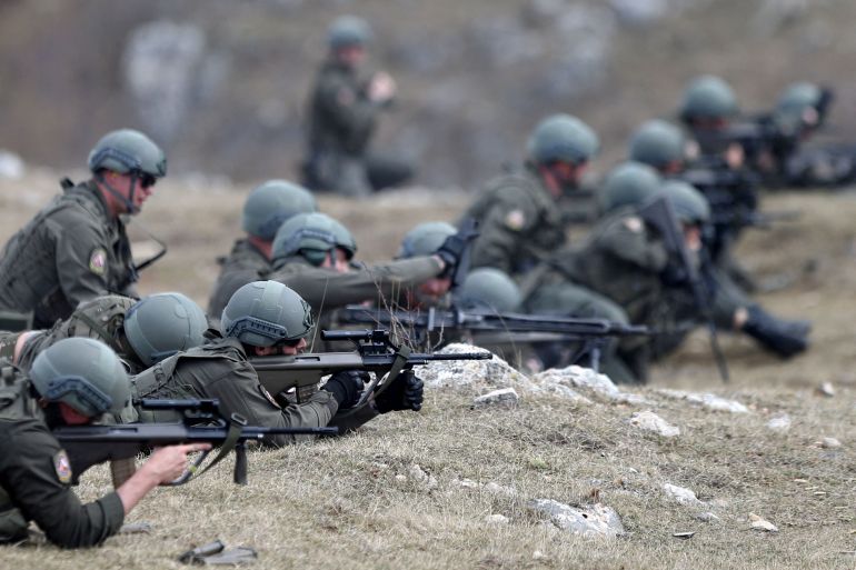 EUFOR (European Union Force) army members participate in military exercise at Kalinovik training ground in Kalinovik, Bosnia and Herzegovina