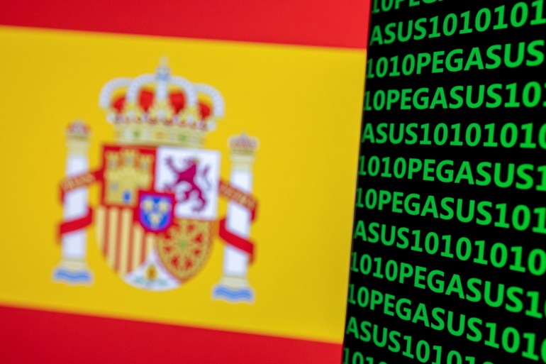 The word Pegasus, binary code and the Spanish flag are seen in an illustration