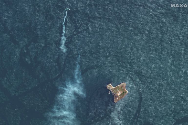 A satellite image shows an attack on a landing craft near Snake Island, Ukraine