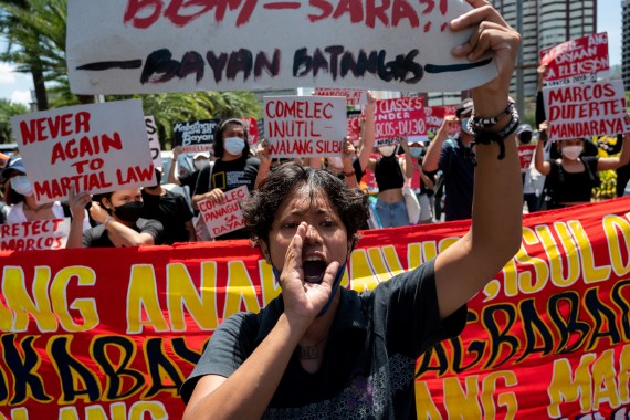 Filipino activists join a Black Friday Protest amid the partial and unofficial results from the national election, in Pasay City, Metro Manila
