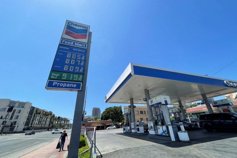 Gas prices over the $8.00 mark are advertised at a Chevron Station in Los Angeles, California, U.S.