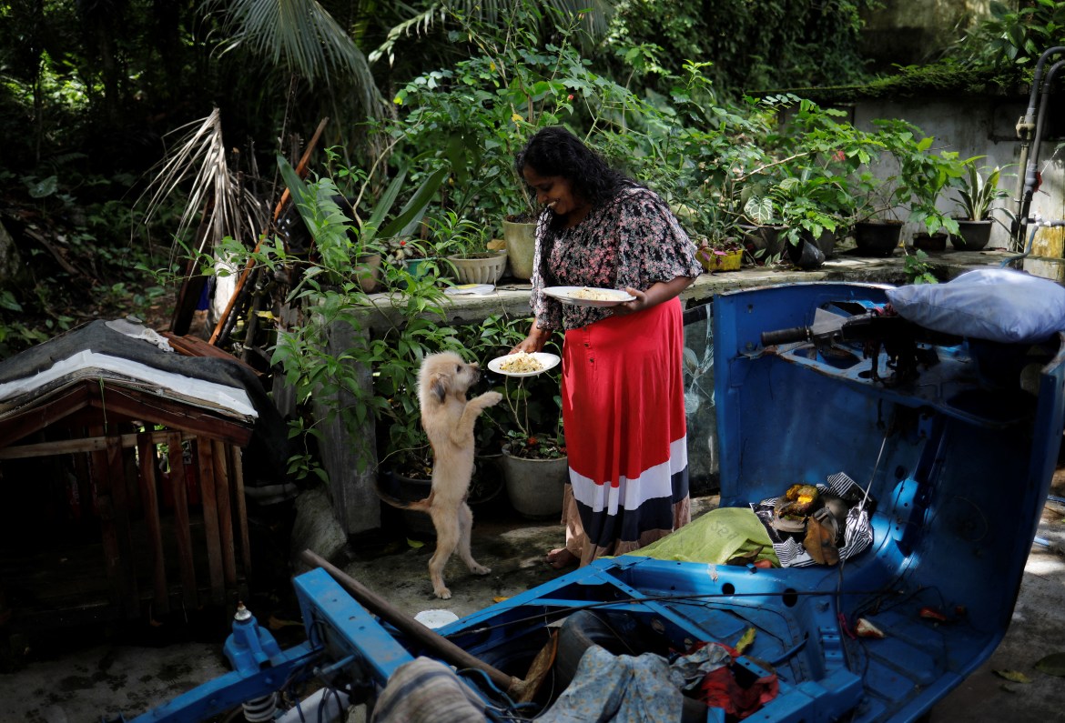 Lasanda Deepthi, 43, an auto-rickshaw driver for local ride hailing app PickMe, feeds her dog outside her house in Gonapola town, on the outskirts of Colombo,