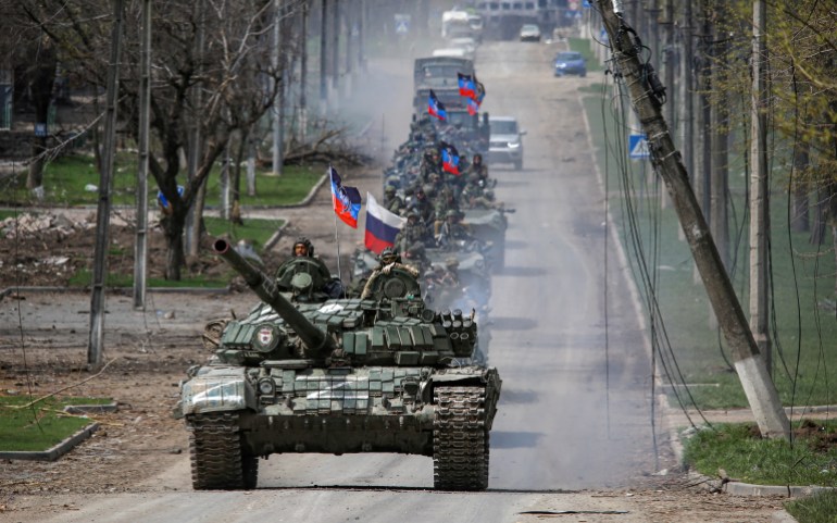 An armoured convoy of Russian troops
