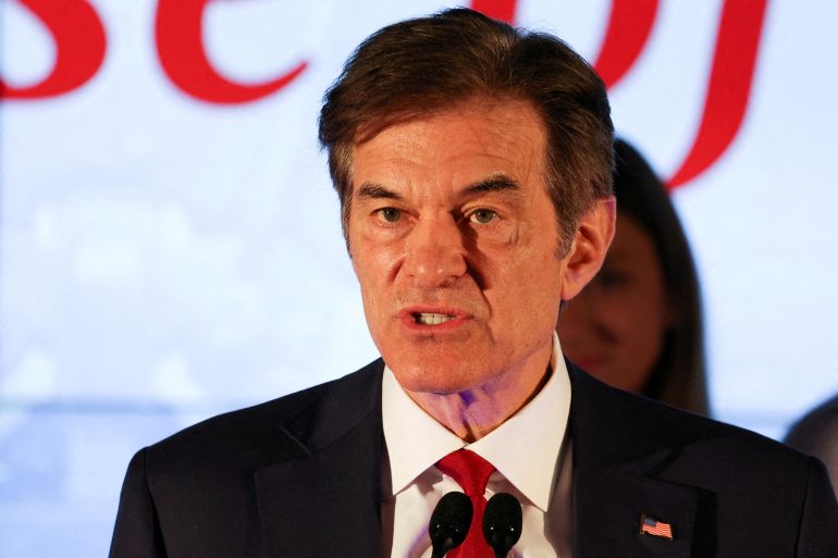 Mehmet Oz speaks at his primary election night watch party in Newtown, Pennsylvania