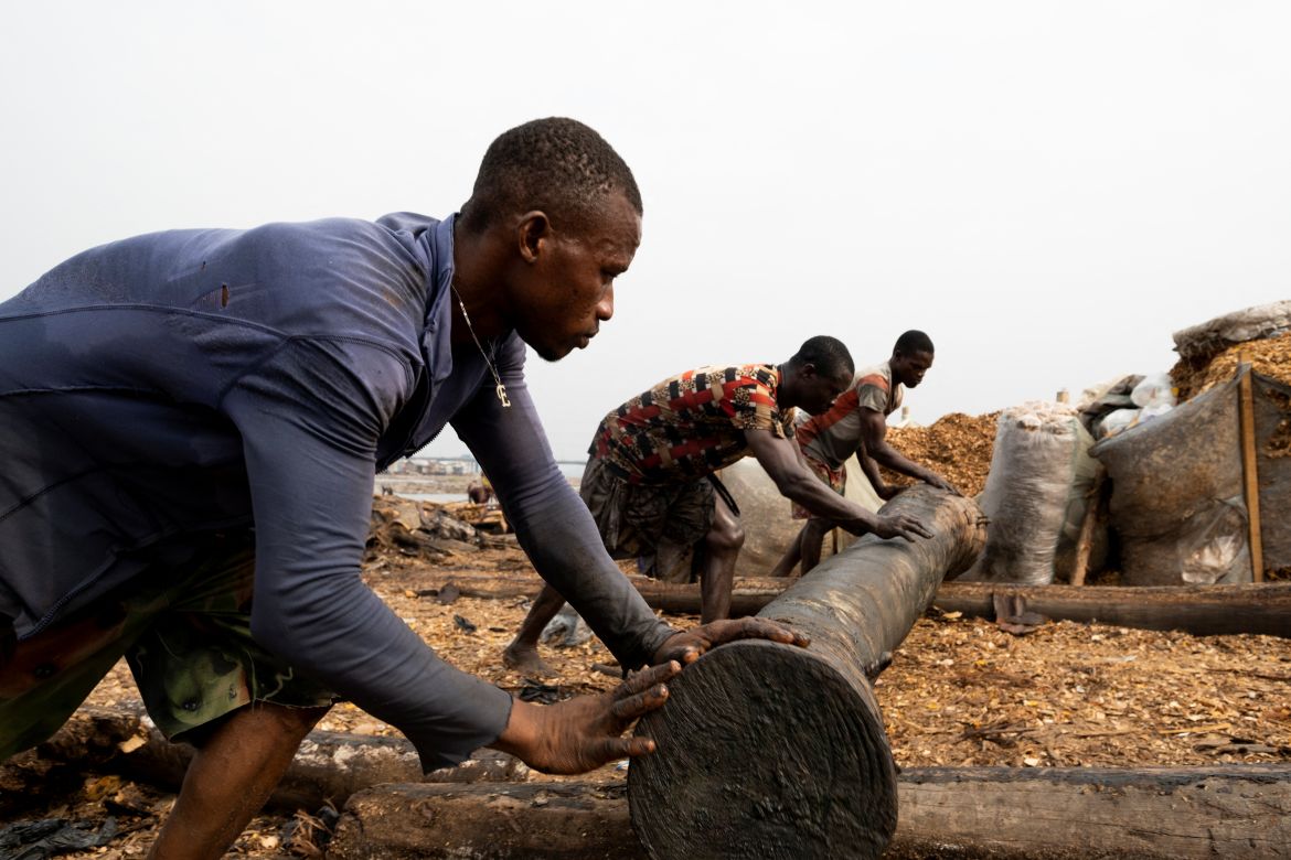 Sawmill workers roll a log out of the Lagos lagoon
