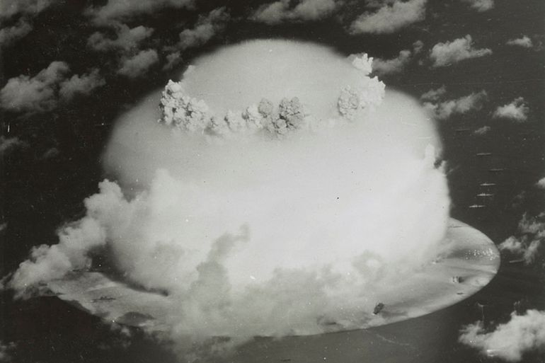 A mushroom cloud after a nuclear weapons test on Bikini Atoll in the Marshall Islands in 1946.