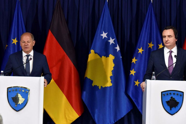 Germany's Chancellor Olaf Scholz delivers a speech during a news conference with Kosovo’s Prime Minister Albin Kurti in Pristina, Kosovo, June 10, 2022.