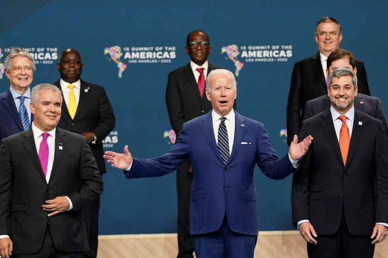 US President Joe Biden poses for a photo at the end of the ninth Summit of the Americas
