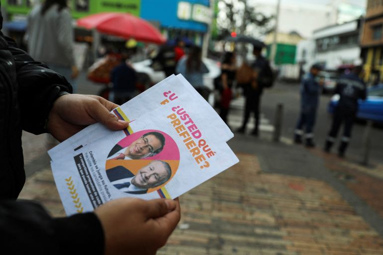 A flyer with the image of Colombian left-wing presidential candidate Gustavo Petro and Colombian centre-right presidential candidate Rodolfo Hernandez.