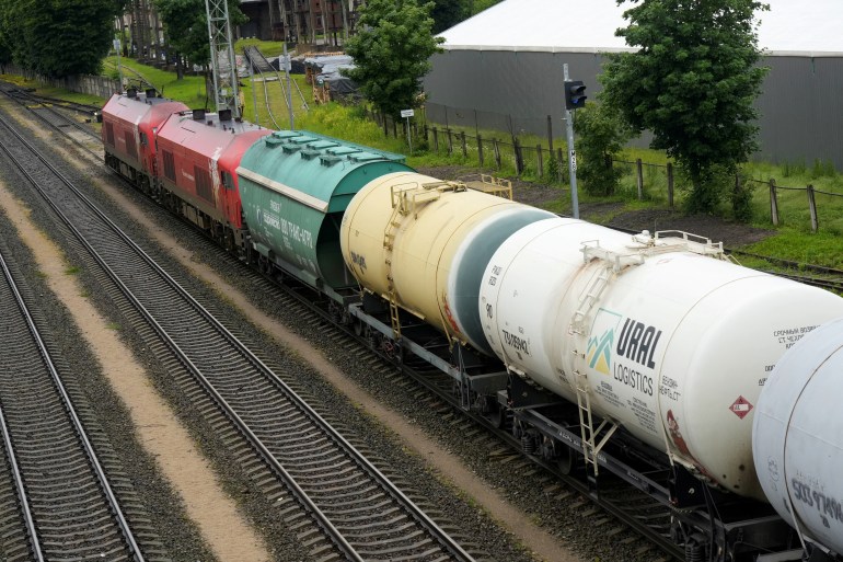 Freight train wagons from Russian enclave Kaliningrad are seen at the border railway station in Kybartai, 