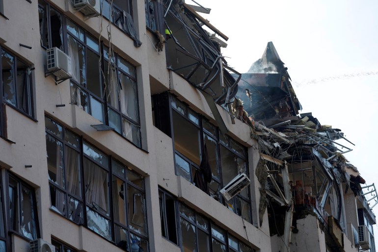 A residential building damaged by a Russian missile strike is seen, as Russia's attack on Ukraine continues, in Kyiv, Ukraine June 26, 2022. 