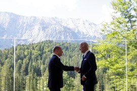 German Chancellor Olaf Scholz welcomed US President Joe Biden at Bavaria&#39;s Schloss Elmau castle on the day of G7 leaders&#39; summit [Leonhard Foeger/Pool/Reuters]