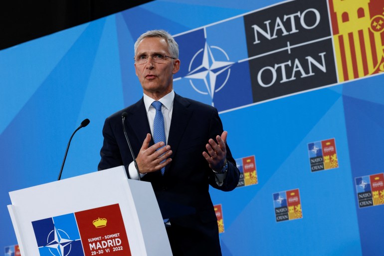 NATO Secretary General Jens Stoltenberg speaks at a news conference during a NATO summit in Madrid, Spain
