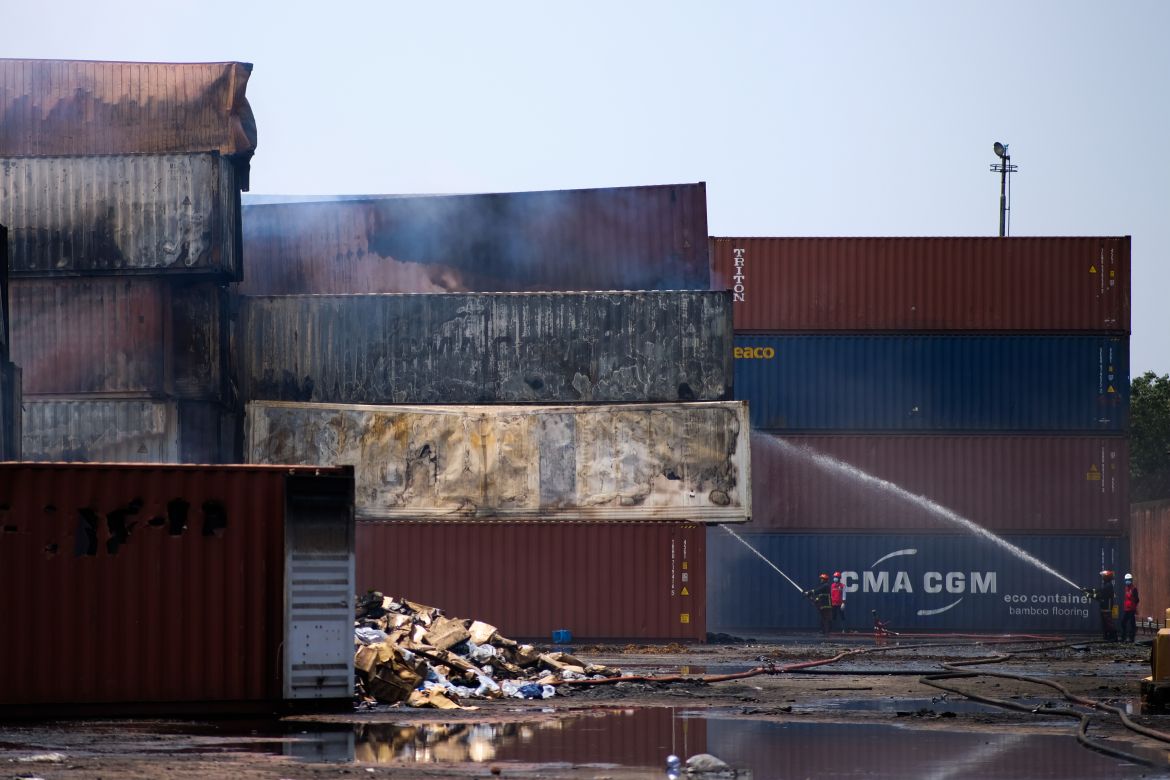 Firefighters continue their efforts to extinguish the fire at the BM Inland Container Depot.