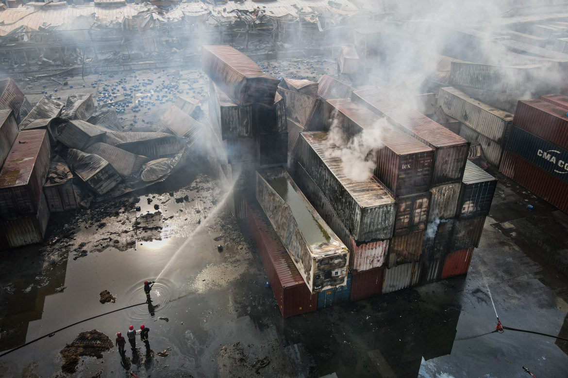 Firefighters continue their efforts to extinguish the fire at the BM Inland Container Depot.