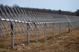 Racking systems to hold solar panels at the site of solar farm under construction on top of an old strip mine in Portage, Pennsylvania, US