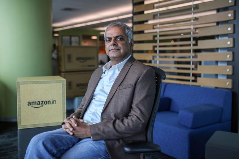 Amazon India head Manish Tiwary sits on a sofa in his office in Bengaluru, India