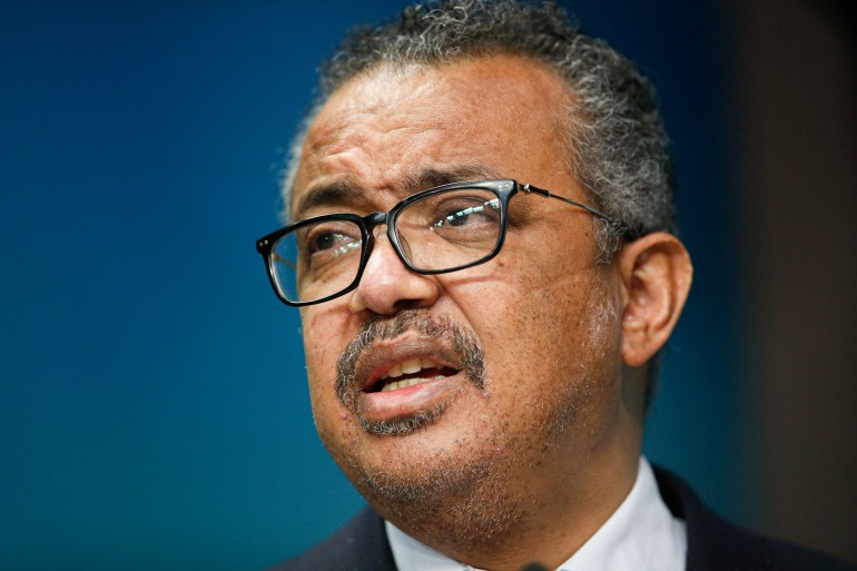 The head of the World Health Organization, Tedros Adhanom Ghebreyesus speaks during a media conference at an EU Africa summit in Brussels
