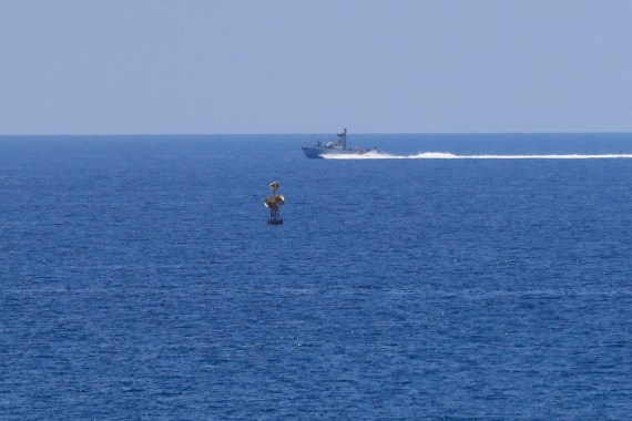 An Israeli Navy vessel patrols in the Mediterranean Sea off the southern town of Naqoura