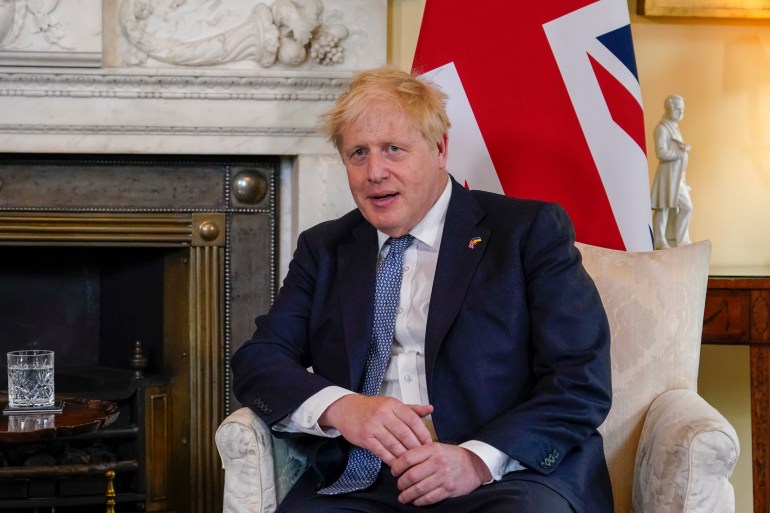 Britain's Prime Minister Boris Johnson meets Estonia's Prime Minister Kaja Kallas at 10 Downing Street, London, Monday, June 6, 2022. (AP Photo/Alberto Pezzali, Pool)