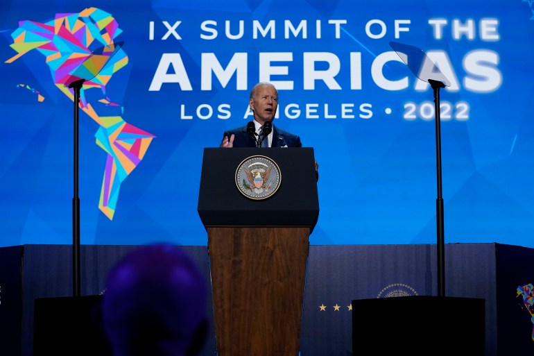 US President Joe Biden speaks during the inaugural ceremony of the Summit of the Americas.