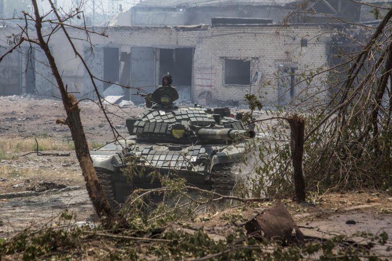 A Ukrainian tank is seen in Severodonetsk