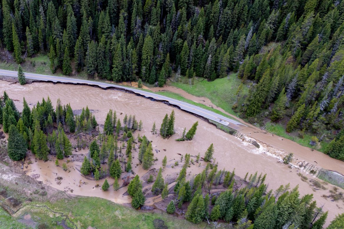 This aerial photo provided by the National Park Service shows a flooded out North Entrance Road