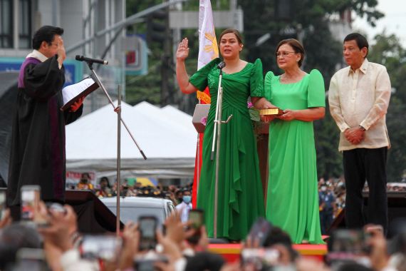 Sara Duterte, the daughter of outgoing populist president of the Philippines, takes her oath as vice president during rites in her hometown in Davao city.