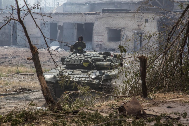 A Ukrainian tank is in position during heavy fighting on the front line in Severodonetsk, the Luhansk region, Ukraine.
