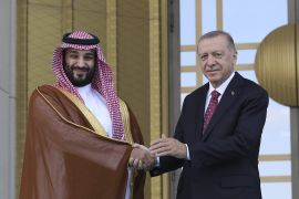 Turkish President Recep Tayyip Erdogan, right, and Saudi Crown Prince Mohammed bin Salman