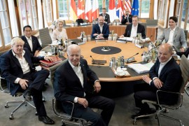 From centre, counter clockwise, US President Joe Biden, German Chancellor Olaf Scholz, Canadian Prime Minister Justin Trudeau, Italian Prime Minister Mario Draghi, European Council President Charles Michel, President of the European Commission Ursula von der Leyen, Japanese Prime Minister Fumio Kishida and British Prime Minister Boris Johnson attend a working session during the G7 leaders summit,
