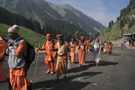 Hindu devotees begin the Amarnath Yatra pilgrimage to an icy Himalayan cave, in Chandanwari, Pahalgam, Indian-administered Kashmir [AP]