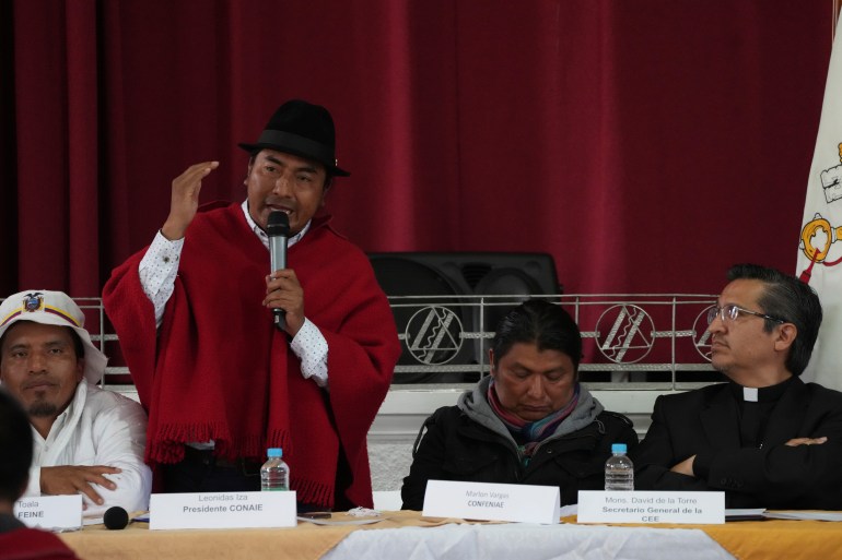 Indigenous leader Leonidas Iza speaks during negotiations in Ecuador