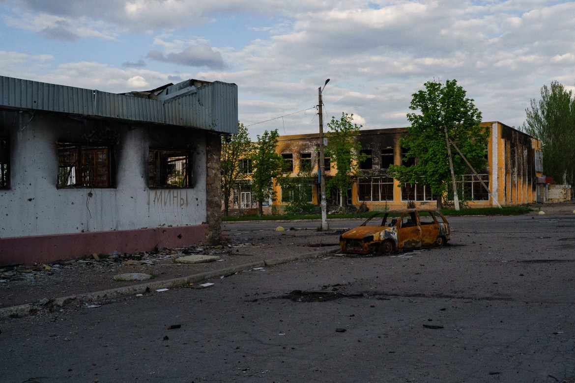 Destruction caused by a Russian missile attack on Marinka. The city has been under constant shelling since Russia refocused the second phase of its invasion on Donbas. [Emre